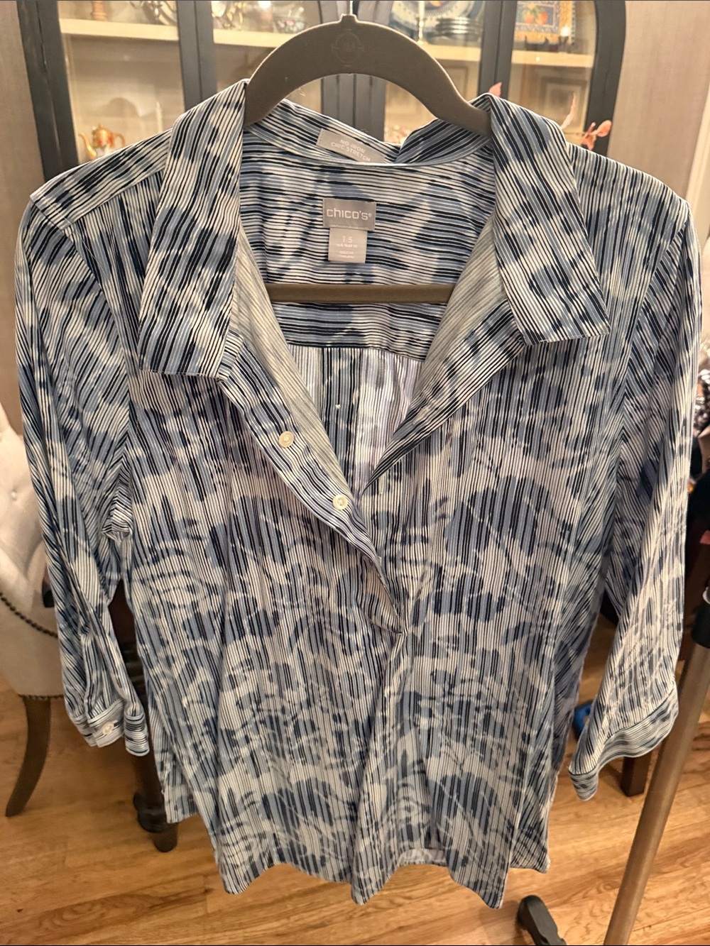 Chico's Blue and White Vertical-Pattern Button-Down Shirt